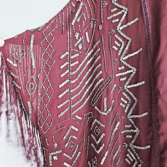 Willow  Clay Burgundy Beaded Fringe Detail Sheer Jacket S - Picture 2 of 12